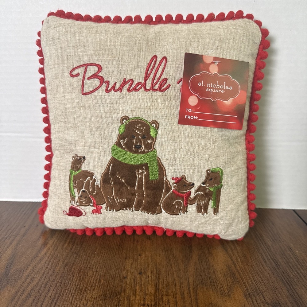 Bundle Up Bear Throw Pillow 9x9 St. Nicholas Square NWT Winter Brown Bears Theme